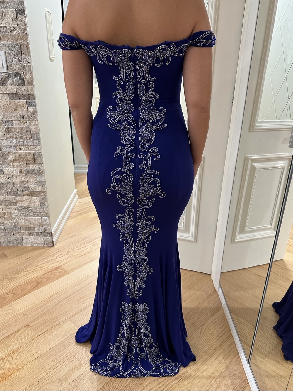 Off-Shoulder Royal Blue Embellished Evening Gown